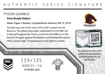 2022 NRL Traders - Authentic Signatures White #ASW01 Tyson Gamble Back